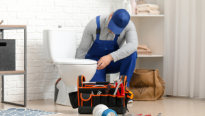 Repairman inspecting a broken toilet