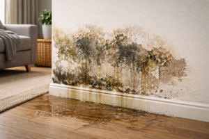 Damage caused by damp on a wall in modern house