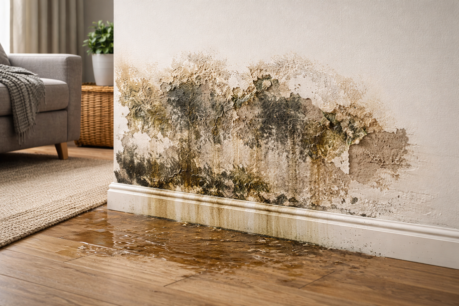 Damage caused by damp on a wall in modern house