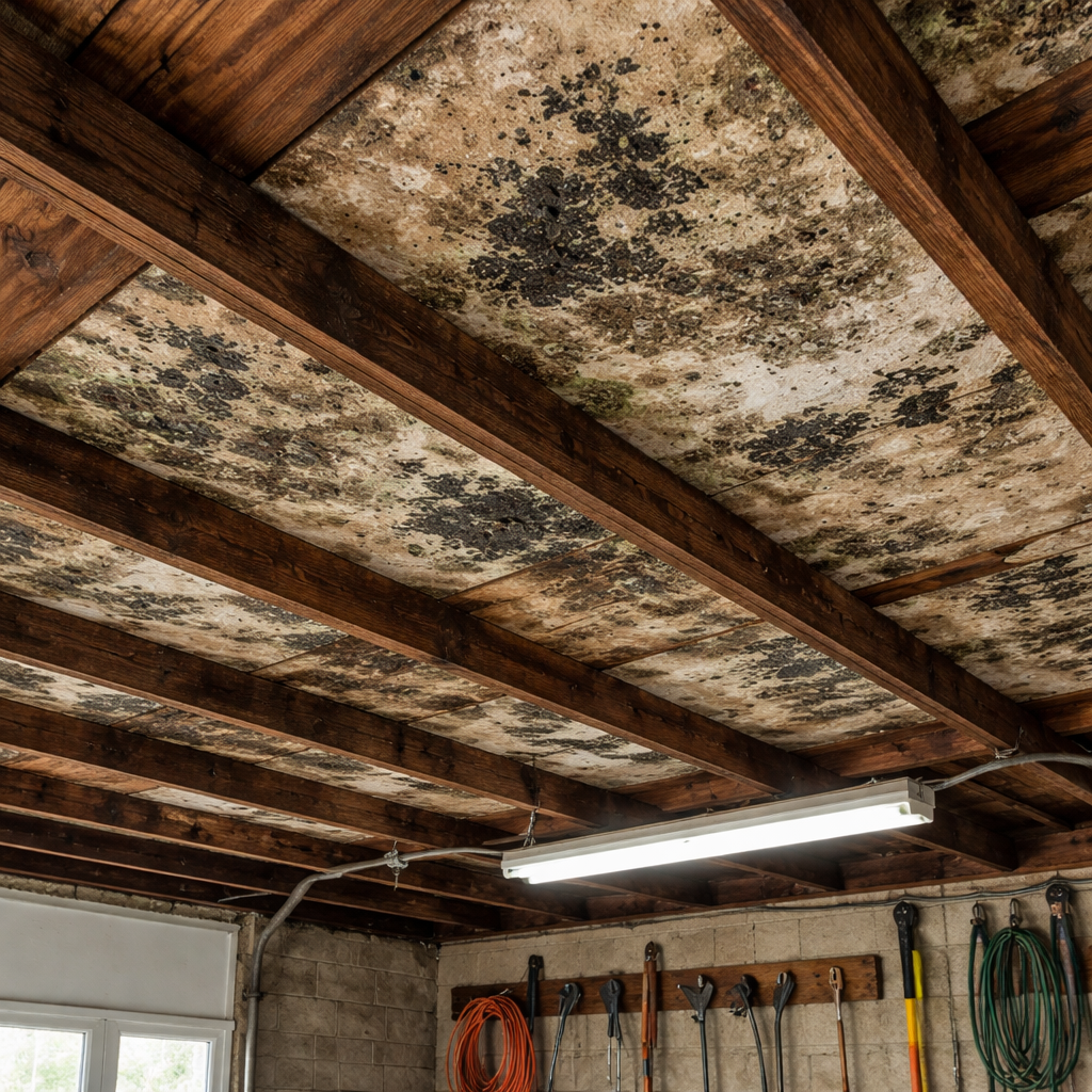 Mold on garage wooden ceiling