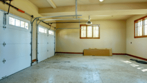 Empty garage potentially with water damage