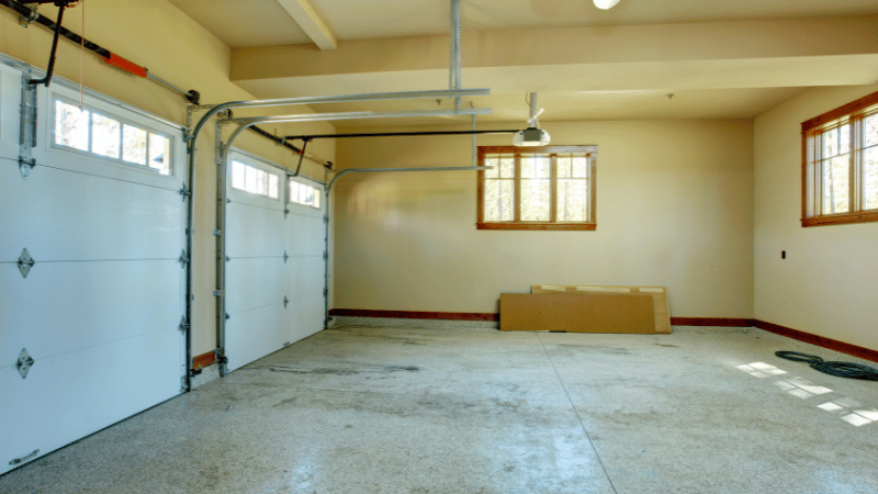 Empty garage potentially with water damage