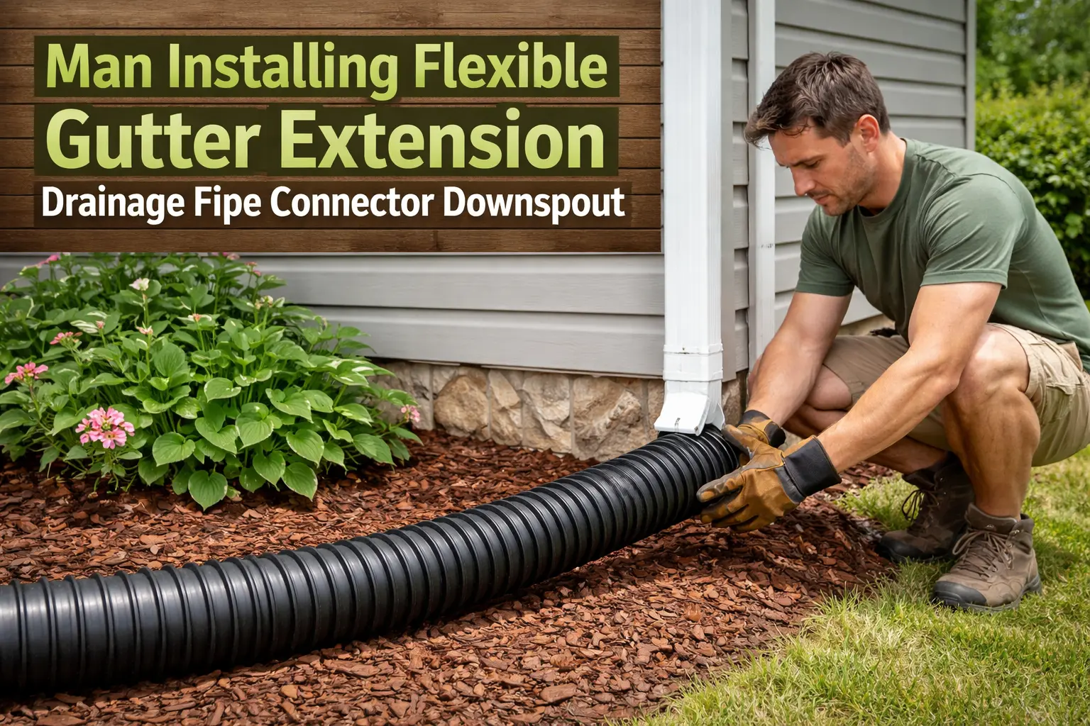 Man installing flexible gutter extension drainage pipe connector downspout