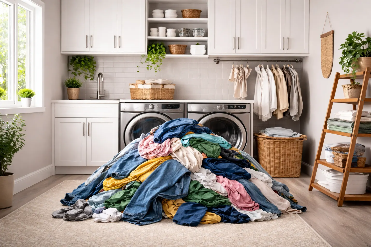 Pile of clothes in laundry room